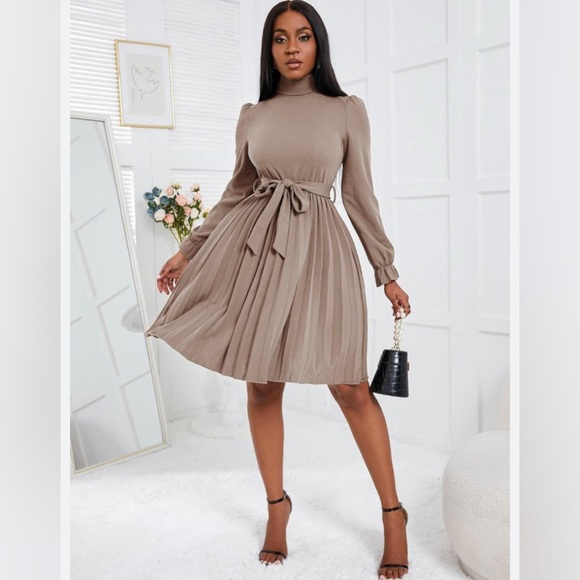 Summer 23 Turtleneck Flounce Sleeve Pleated Hem Belted Dress Antiy Color Apricot - Picture 3 of 9